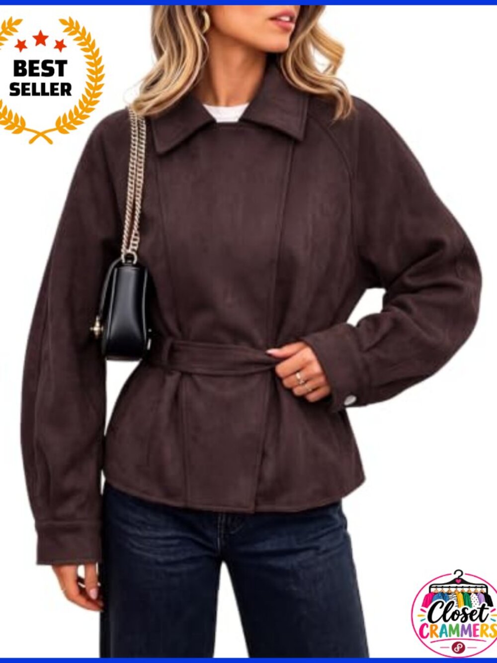 Faux Suede Cropped Trench Coat Double Breasted Lapel Collar Slim Fit
